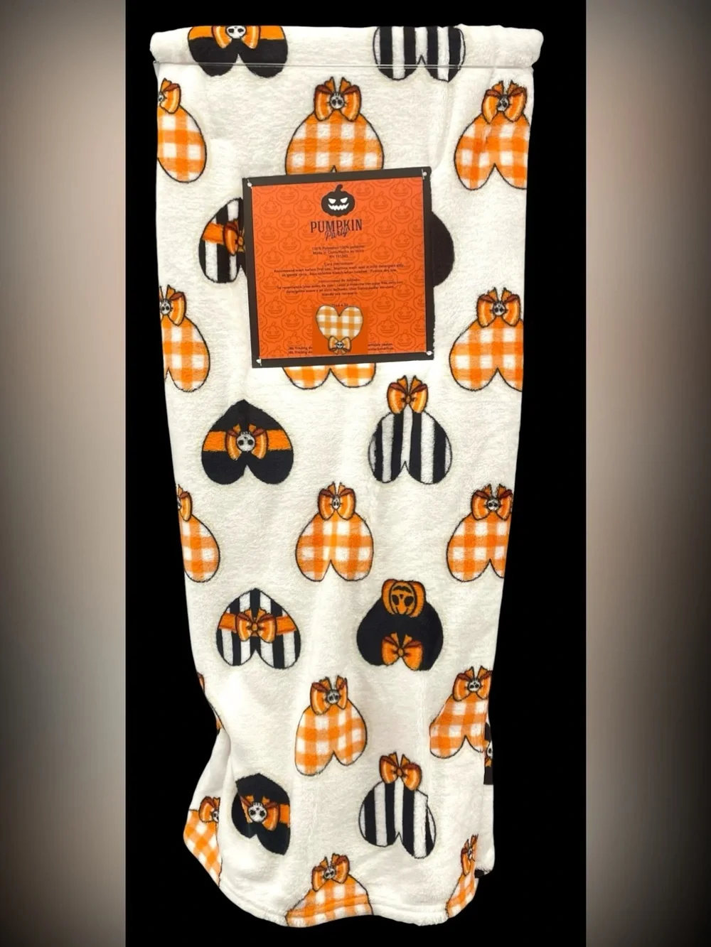 Halloween Hearts Stripes Plaid Plush Throw White Orange Black 50 x 60 NEW NWT